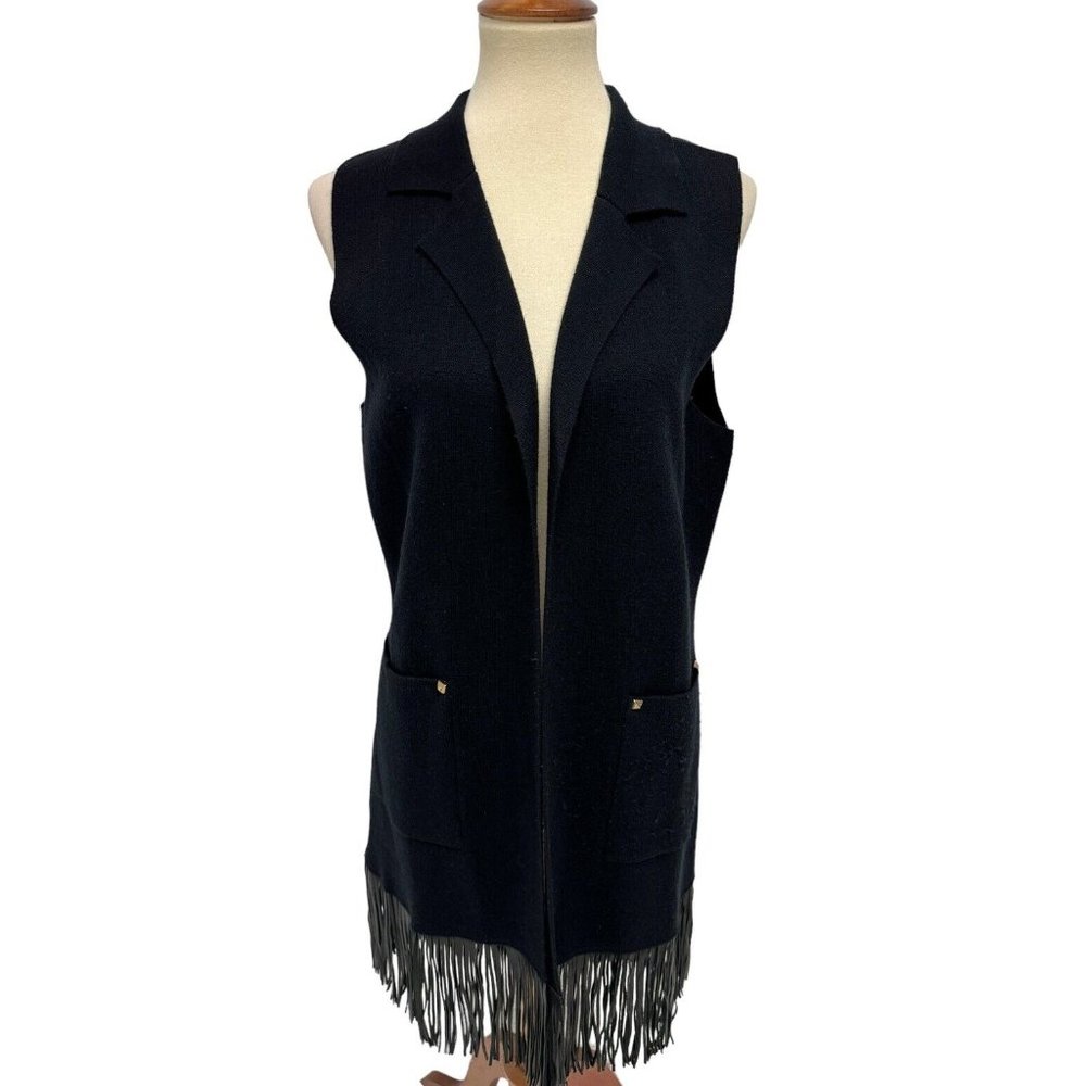 Uterqüe Women's Sleeveless Black Open Front Fringe Sweater Vest Size M
